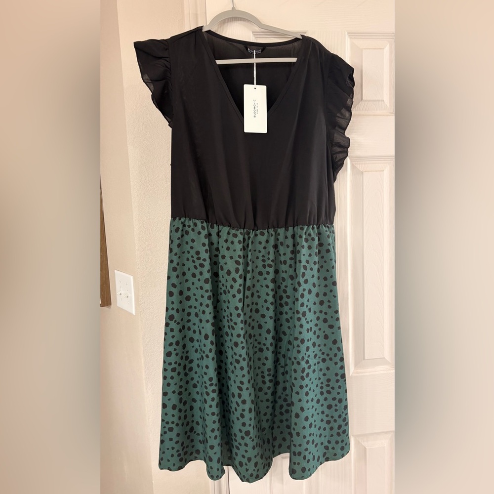 BloomChic Black Top with Teal Green Polka Dot Midi Dress